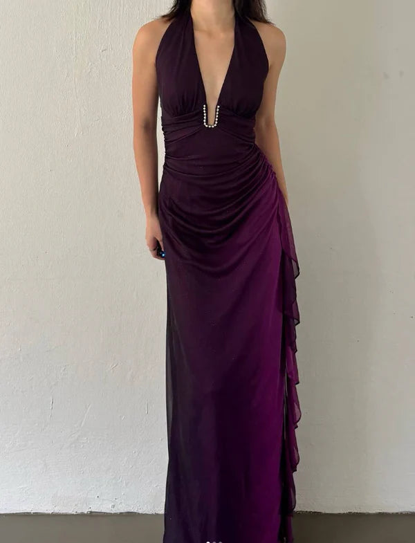Heath Halter Purple Ombre Chiffon Open Back Long Prom Dress Evening Dress